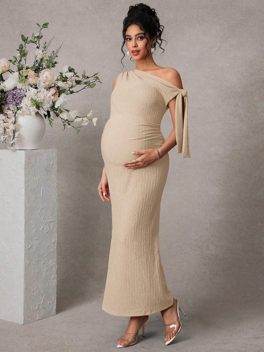 Maternity Fitted Midi Dress - Asymmetrical Neck, Split Sleeve, Jacquard, Slim Fit, Black