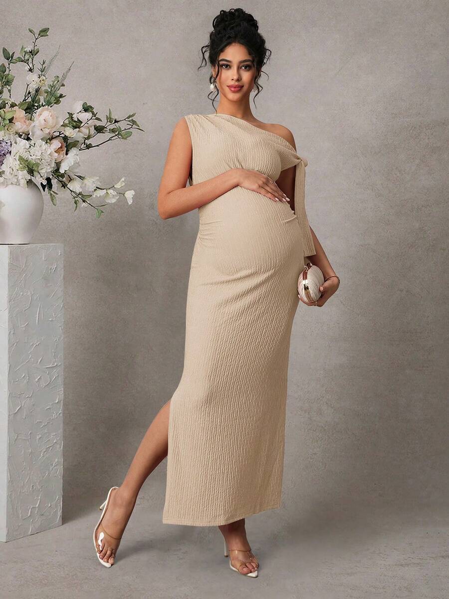 Maternity Fitted Midi Dress - Asymmetrical Neck, Split Sleeve, Jacquard, Slim Fit, Black