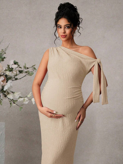 Maternity Fitted Midi Dress - Asymmetrical Neck, Split Sleeve, Jacquard, Slim Fit, Black