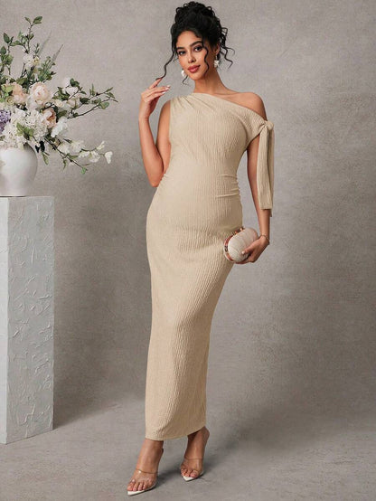Maternity Fitted Midi Dress - Asymmetrical Neck, Split Sleeve, Jacquard, Slim Fit, Black