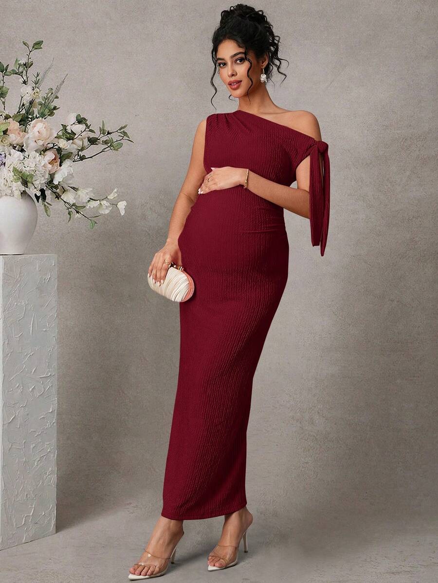 Maternity Fitted Midi Dress - Asymmetrical Neck, Split Sleeve, Jacquard, Slim Fit, Black