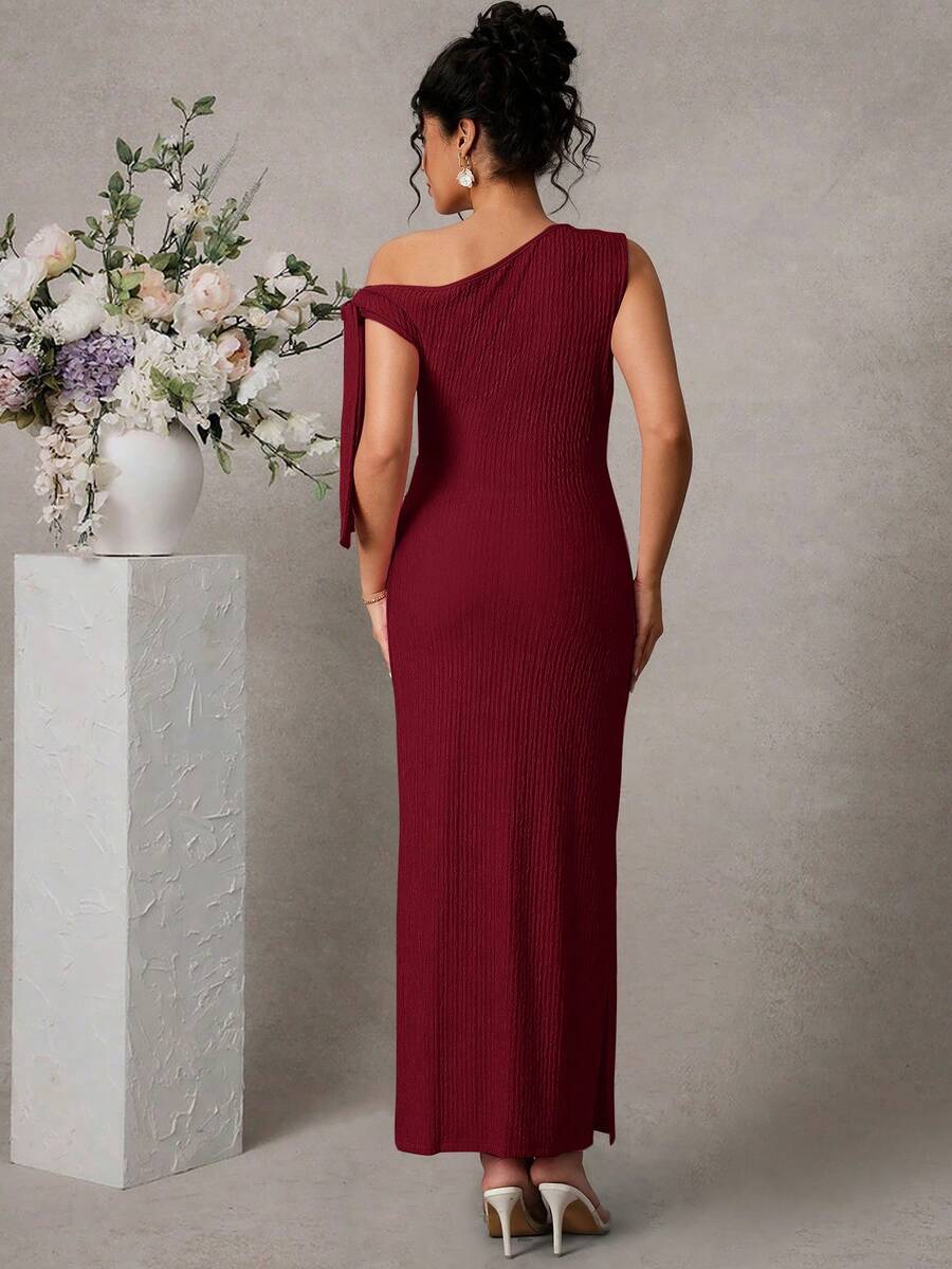Maternity Fitted Midi Dress - Asymmetrical Neck, Split Sleeve, Jacquard, Slim Fit, Black