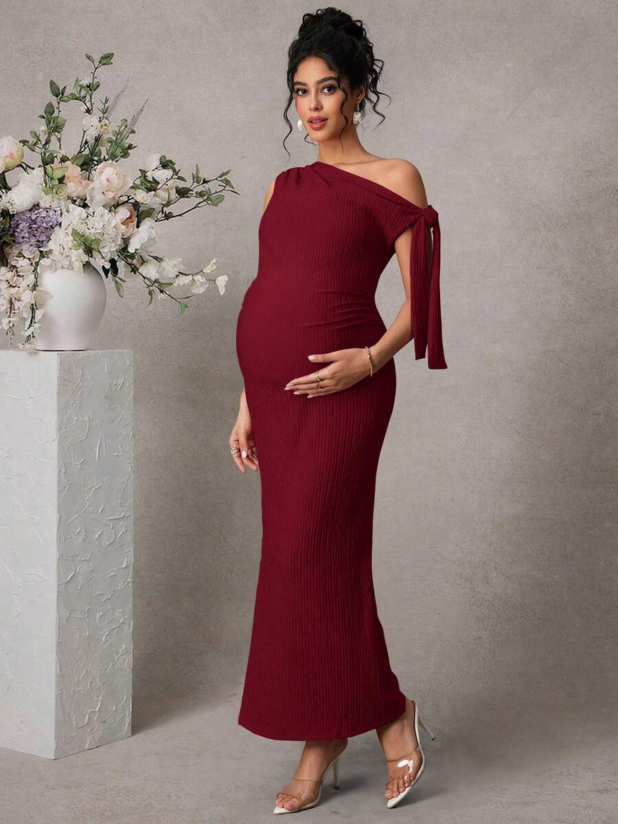 Maternity Fitted Midi Dress - Asymmetrical Neck, Split Sleeve, Jacquard, Slim Fit, Black