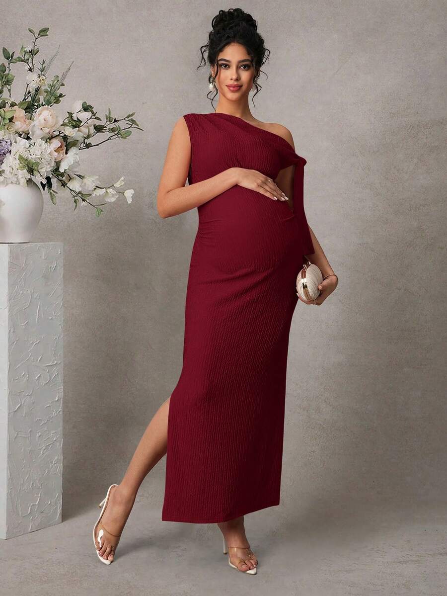 Maternity Fitted Midi Dress - Asymmetrical Neck, Split Sleeve, Jacquard, Slim Fit, Black