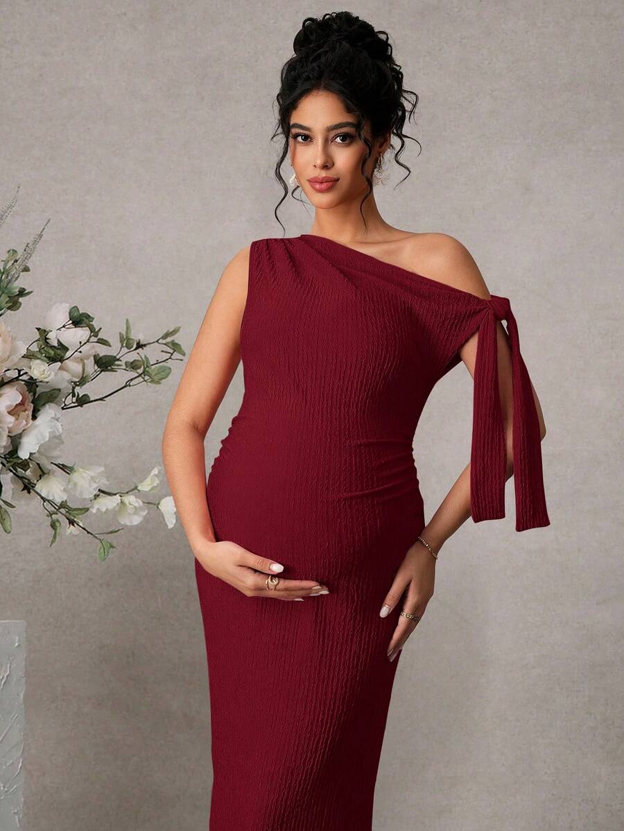 Maternity Fitted Midi Dress - Asymmetrical Neck, Split Sleeve, Jacquard, Slim Fit, Black