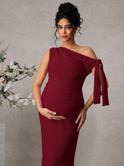 Maternity Fitted Midi Dress - Asymmetrical Neck, Split Sleeve, Jacquard, Slim Fit, Black