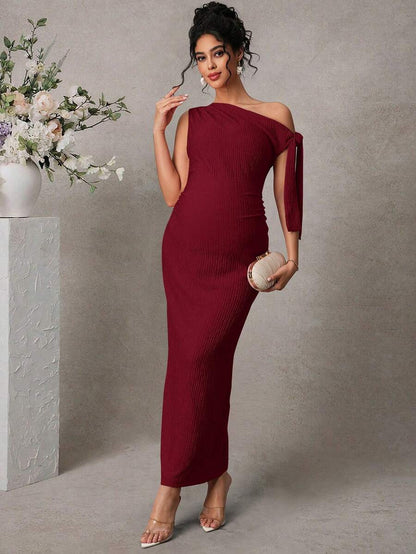 Maternity Fitted Midi Dress - Asymmetrical Neck, Split Sleeve, Jacquard, Slim Fit, Black