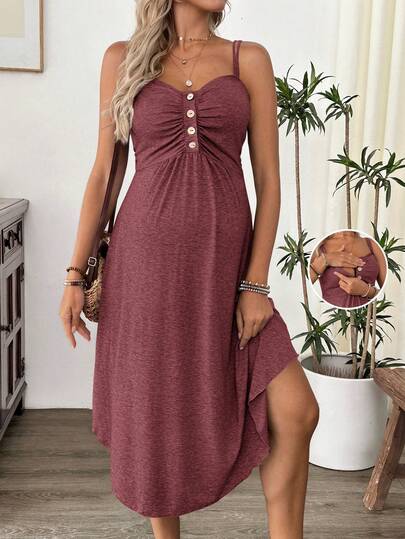 Maternity Summer Casual Burgundy Nursing Slip Dress with Ruched Bust and Button Decor - High Stretch Knit Maternity Long Dress