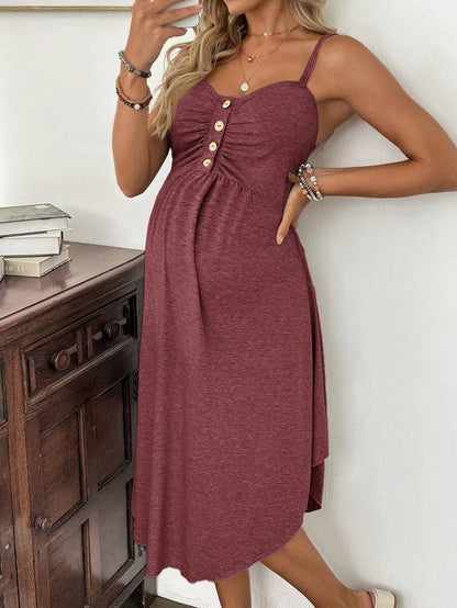 Grey Knitted Maternity Nursing Dress Asymmetrical Button Front Spaghetti Strap Sleeveless Long Casual Loungewear Maxi Dress