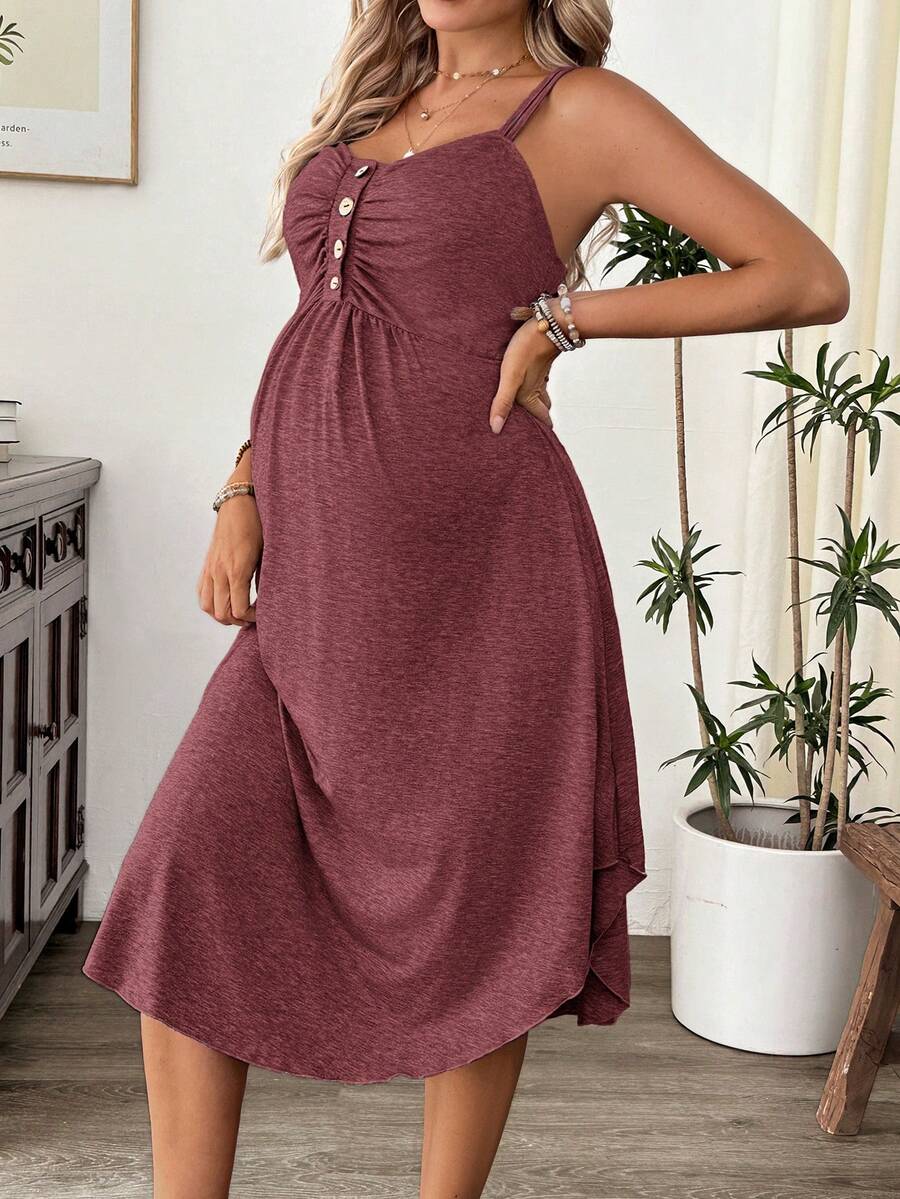 Grey Knitted Maternity Nursing Dress Asymmetrical Button Front Spaghetti Strap Sleeveless Long Casual Loungewear Maxi Dress