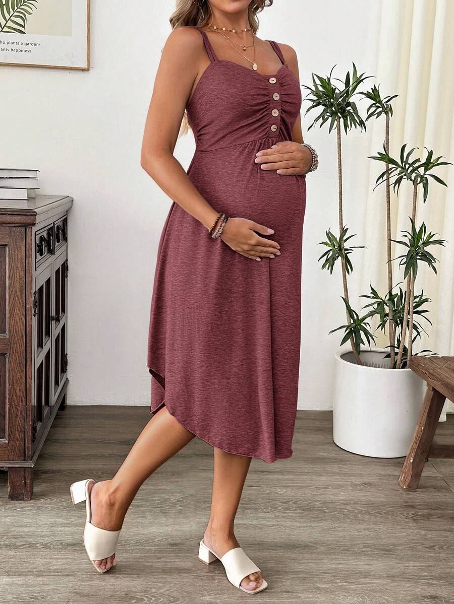 Grey Knitted Maternity Nursing Dress Asymmetrical Button Front Spaghetti Strap Sleeveless Long Casual Loungewear Maxi Dress