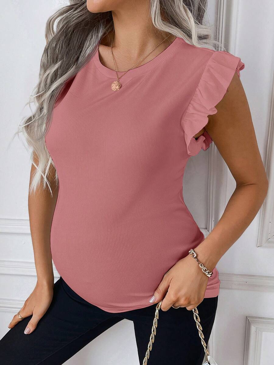 Maternity White Rib Knit Flutter Sleeve Top Slim Fit Ruffle Trim Summer Blouse for Daily Wear & Casual Outfits