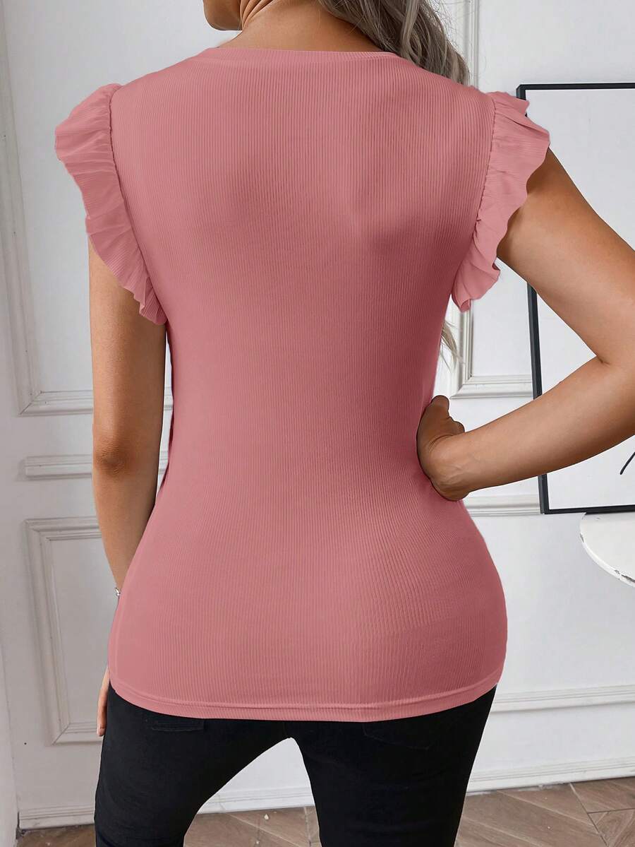 Maternity White Rib Knit Flutter Sleeve Top Slim Fit Ruffle Trim Summer Blouse for Daily Wear & Casual Outfits