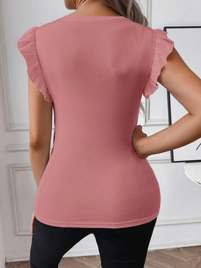 Maternity White Rib Knit Flutter Sleeve Top Slim Fit Ruffle Trim Summer Blouse for Daily Wear & Casual Outfits
