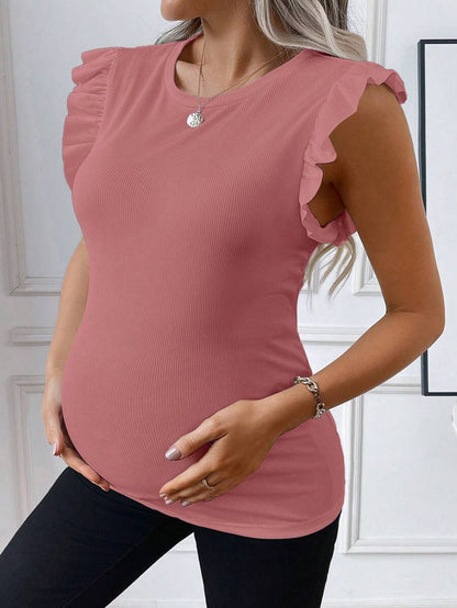 Maternity White Rib Knit Flutter Sleeve Top Slim Fit Ruffle Trim Summer Blouse for Daily Wear & Casual Outfits