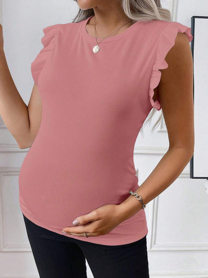 Maternity White Rib Knit Flutter Sleeve Top Slim Fit Ruffle Trim Summer Blouse for Daily Wear & Casual Outfits