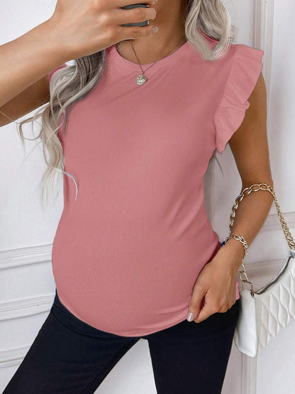 Maternity White Rib Knit Flutter Sleeve Top Slim Fit Ruffle Trim Summer Blouse for Daily Wear & Casual Outfits