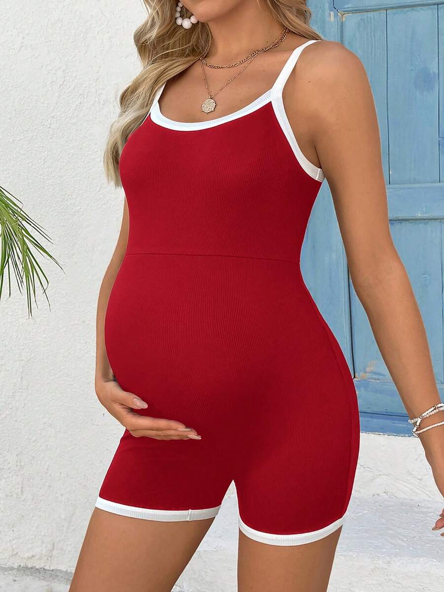 Baby Blue Contrast Trim Maternity Unitard Jumpsuit – High Stretch Spaghetti Strap Backless Sleeveless Summer Athletic Romper