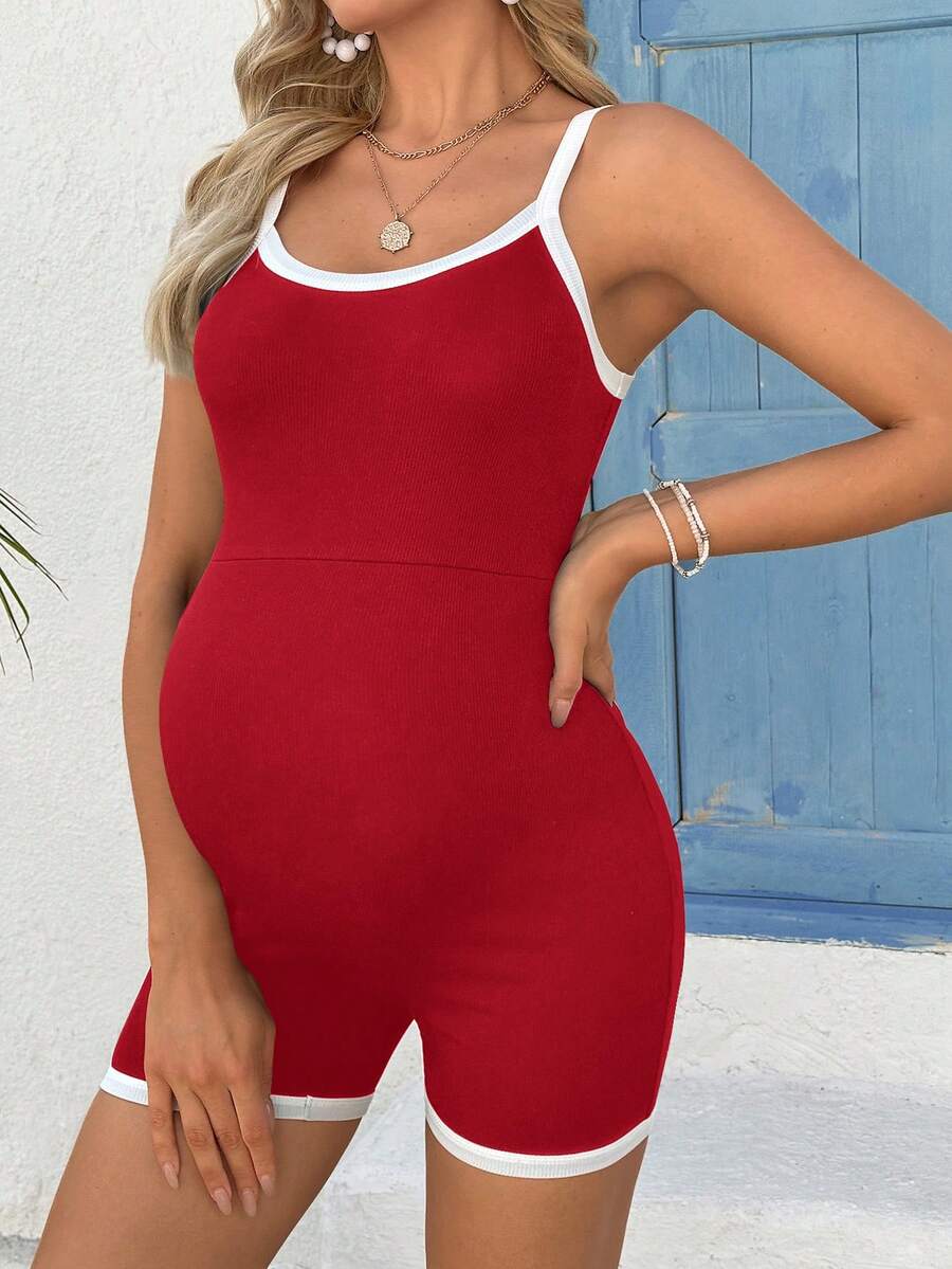 Baby Blue Contrast Trim Maternity Unitard Jumpsuit – High Stretch Spaghetti Strap Backless Sleeveless Summer Athletic Romper