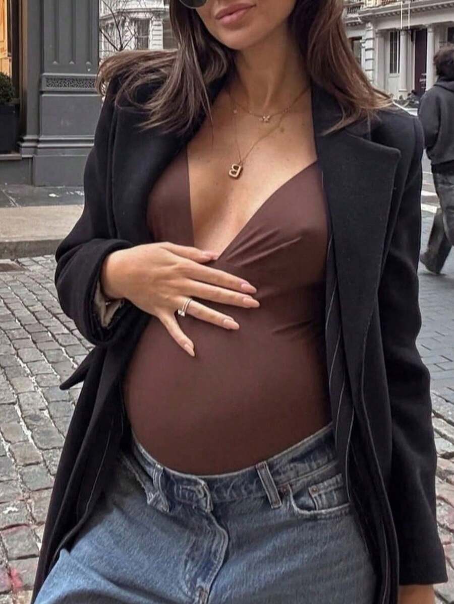 Elegant Black Deep V Neck Sleeveless Bodysuit, High Stretch Slim Fit Office Layering Top, Chic Plain Maternity Friendly Bodysuit