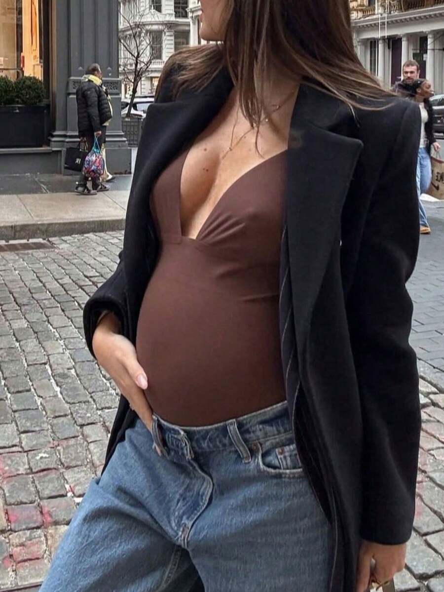 Elegant Black Deep V Neck Sleeveless Bodysuit, High Stretch Slim Fit Office Layering Top, Chic Plain Maternity Friendly Bodysuit