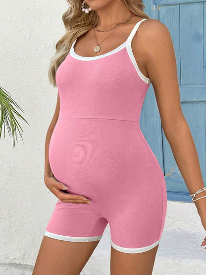 Baby Blue Contrast Trim Maternity Unitard Jumpsuit – High Stretch Spaghetti Strap Backless Sleeveless Summer Athletic Romper