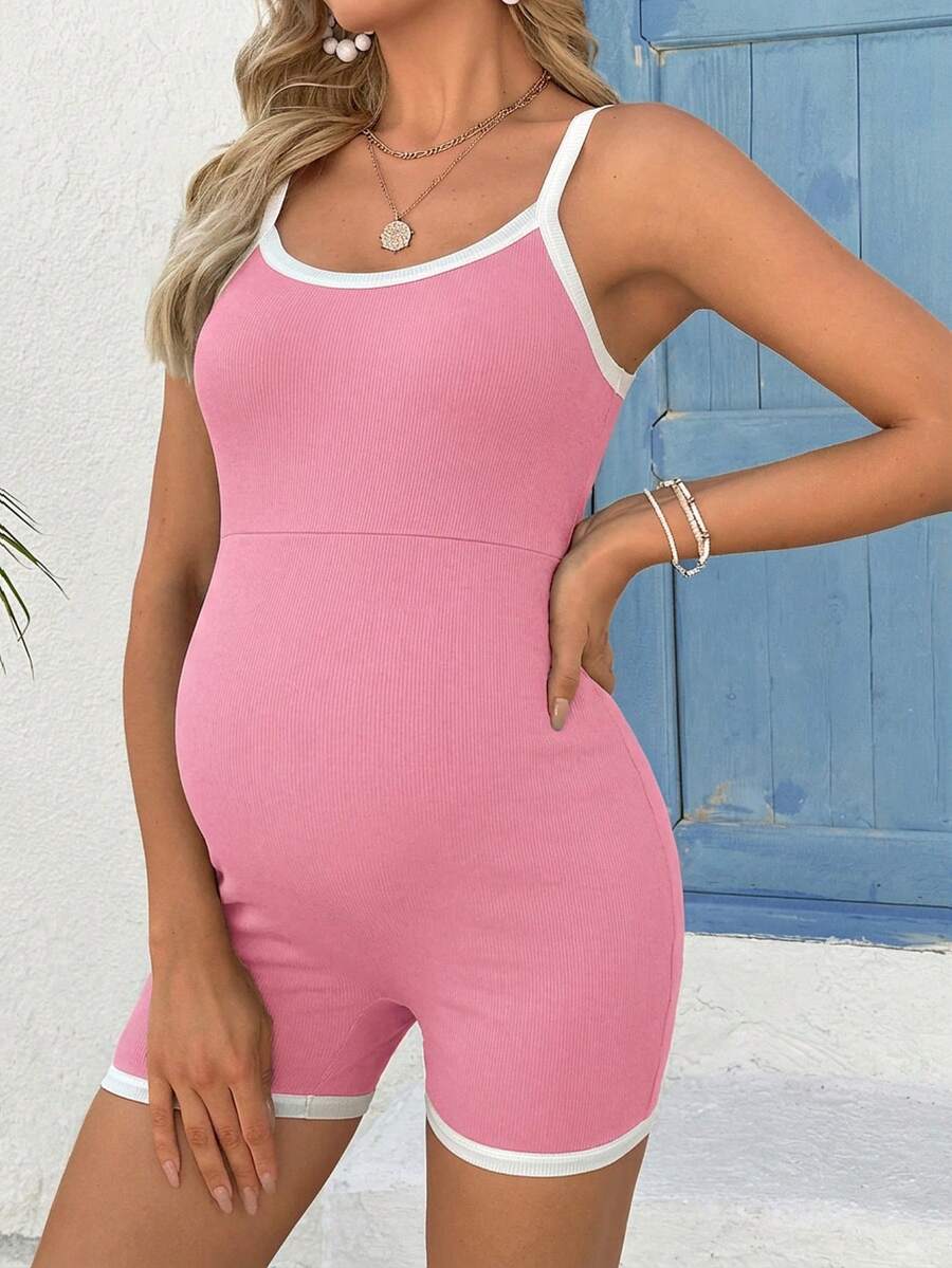 Maternity Contrast Trim Jumpsuit - Round Neck Spaghetti Strap Summer Casual