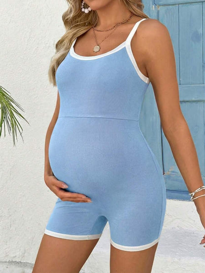 Baby Blue Contrast Trim Maternity Unitard Jumpsuit – High Stretch Spaghetti Strap Backless Sleeveless Summer Athletic Romper