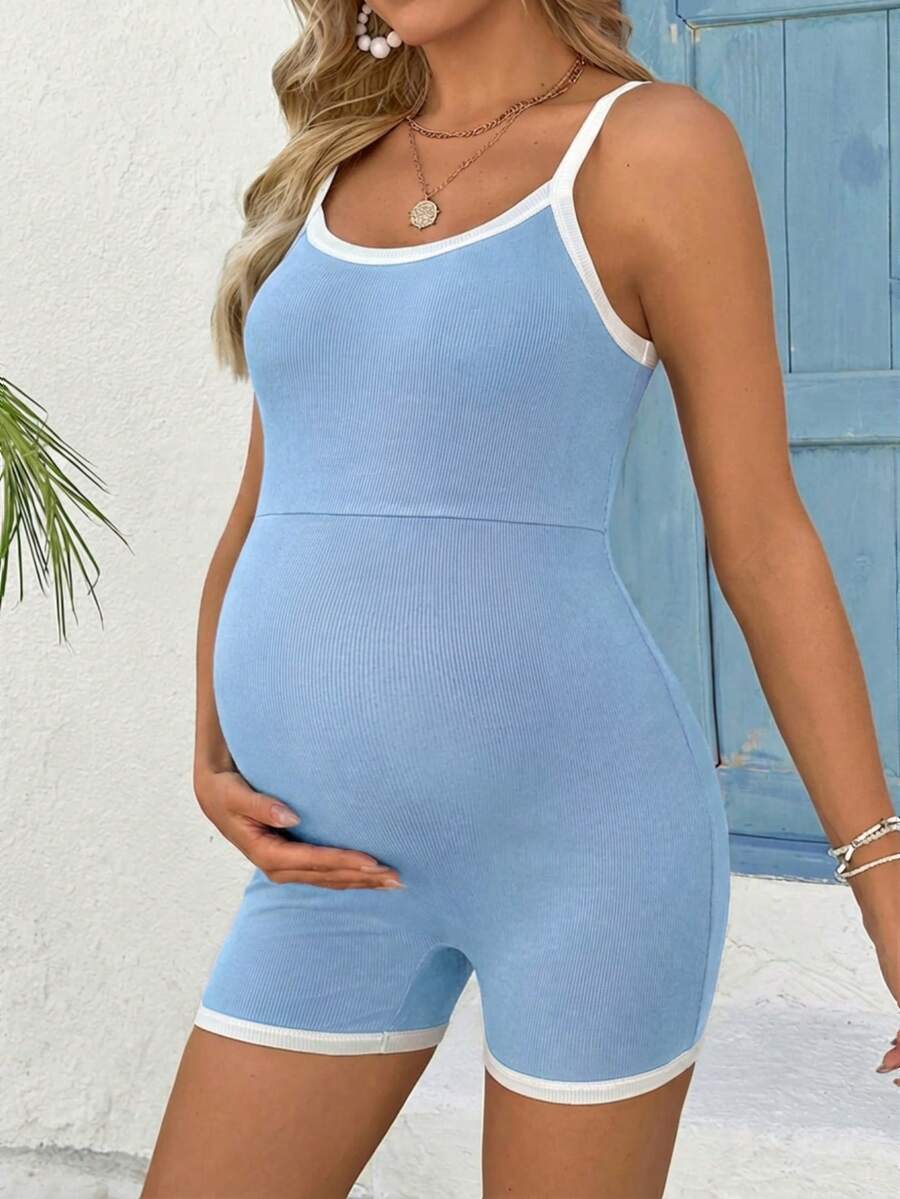 Maternity Contrast Trim Jumpsuit - Round Neck Spaghetti Strap Summer Casual