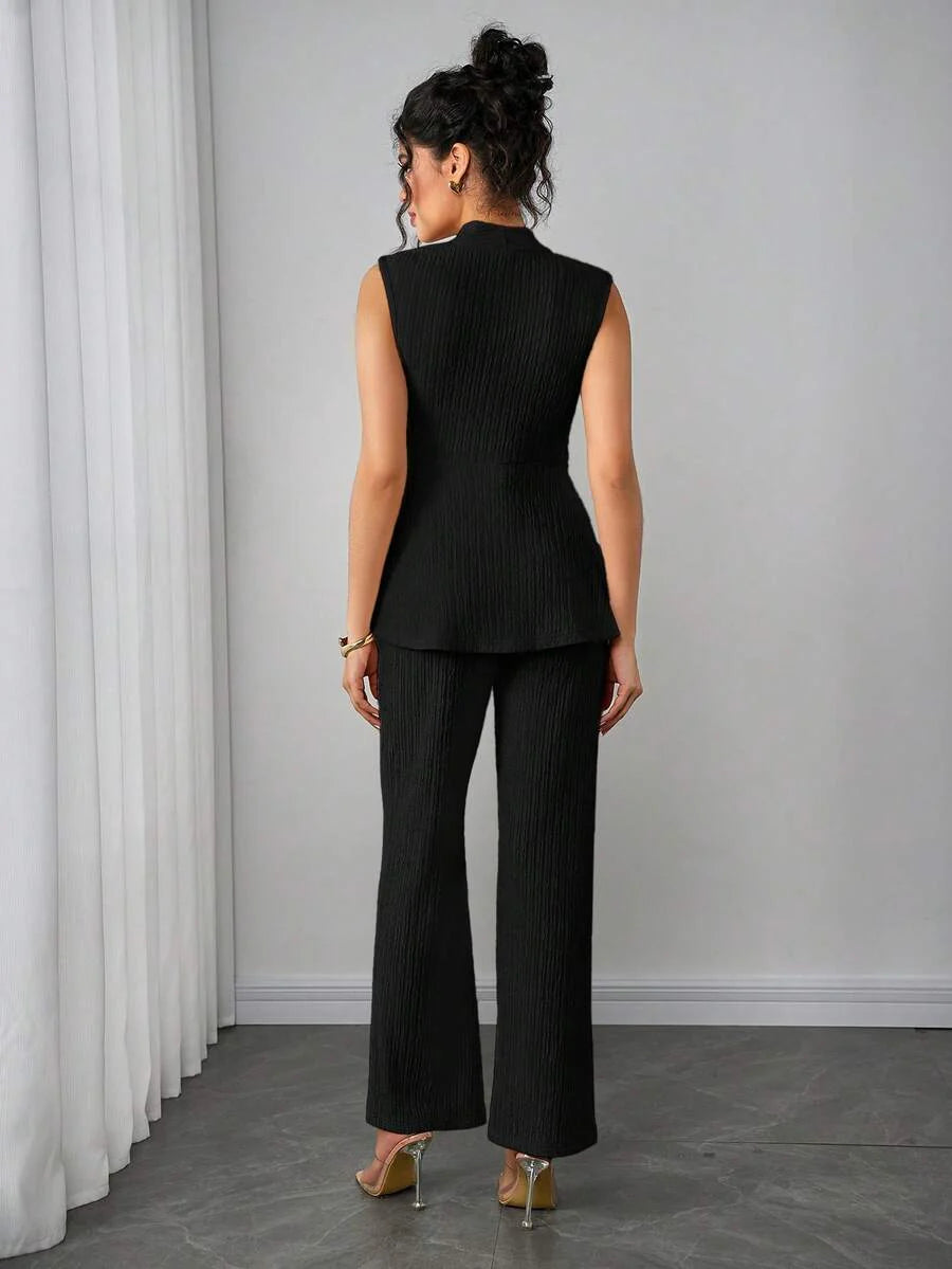 Maternity 2-Piece Set - V Neck Top & Straight Leg Pants, Knit Jacquard, Slim Fit, Black