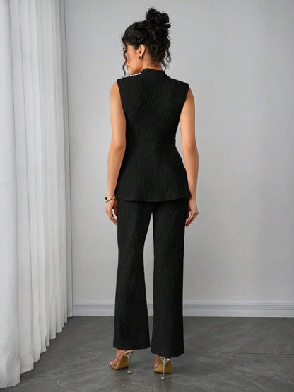 Maternity 2-Piece Set - V Neck Top & Straight Leg Pants, Knit Jacquard, Slim Fit, Black