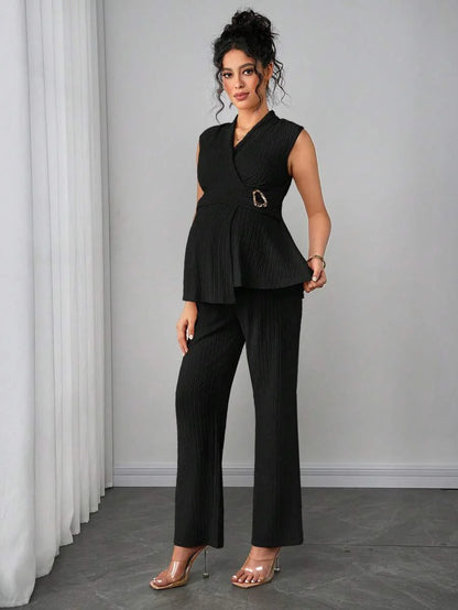 Maternity 2-Piece Set - V Neck Top & Straight Leg Pants, Knit Jacquard, Slim Fit, Black