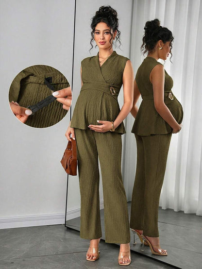 Maternity 2-Piece Set - V Neck Top & Straight Leg Pants, Knit Jacquard, Slim Fit, Black