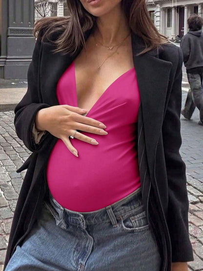Elegant Black Deep V Neck Sleeveless Bodysuit, High Stretch Slim Fit Office Layering Top, Chic Plain Maternity Friendly Bodysuit