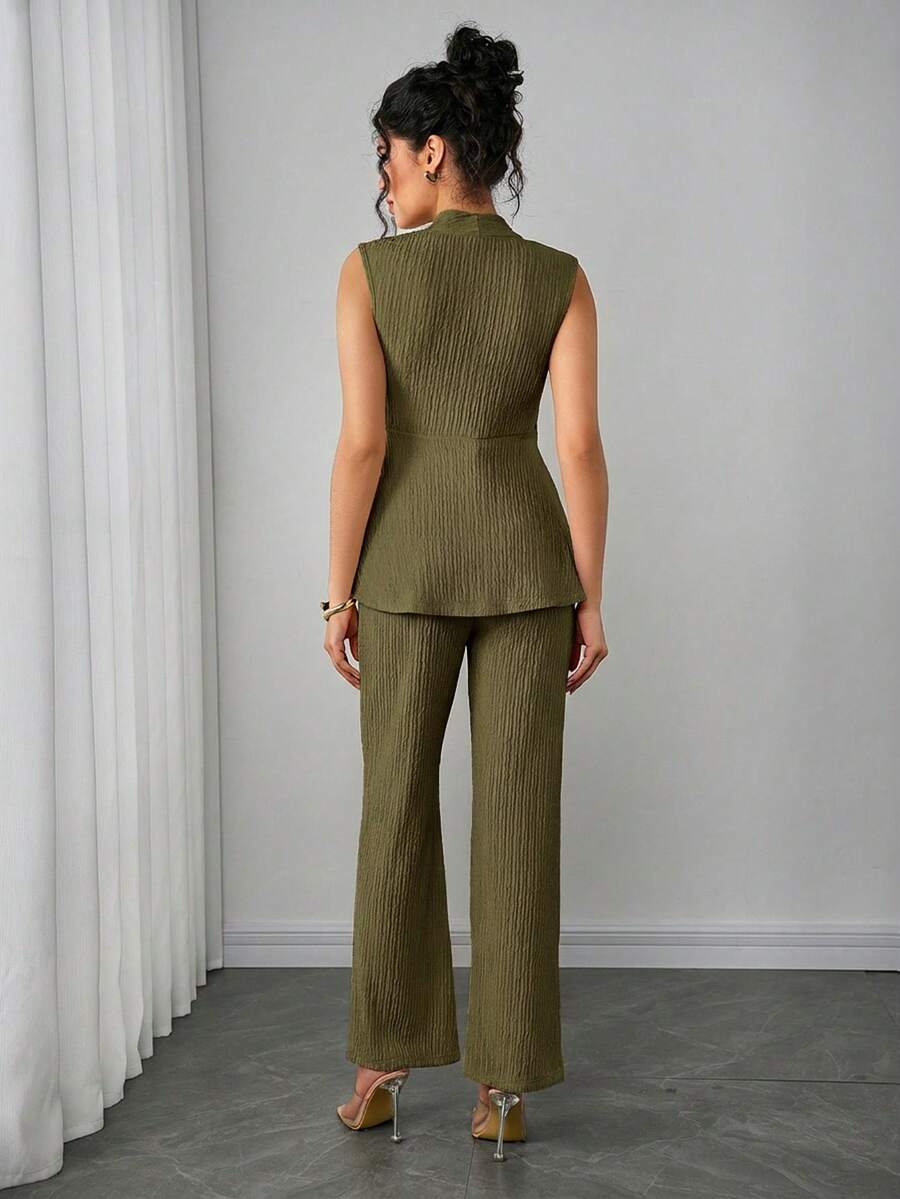 Maternity 2-Piece Set - V Neck Top & Straight Leg Pants, Knit Jacquard, Slim Fit, Black