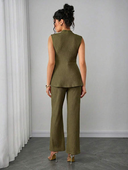 Maternity 2-Piece Set - V Neck Top & Straight Leg Pants, Knit Jacquard, Slim Fit, Black