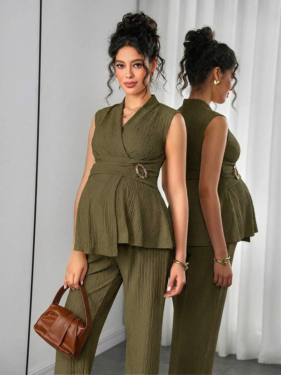 Maternity 2-Piece Set - V Neck Top & Straight Leg Pants, Knit Jacquard, Slim Fit, Black