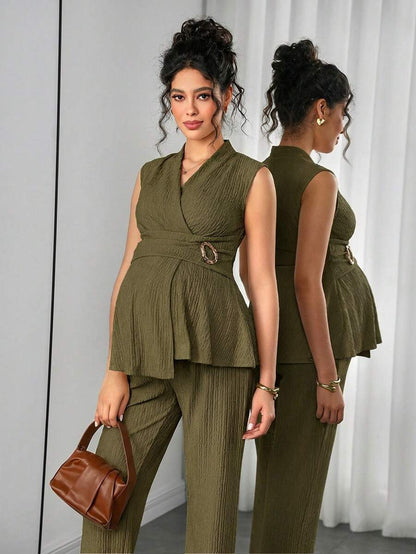 Maternity 2-Piece Set - V Neck Top & Straight Leg Pants, Knit Jacquard, Slim Fit, Black