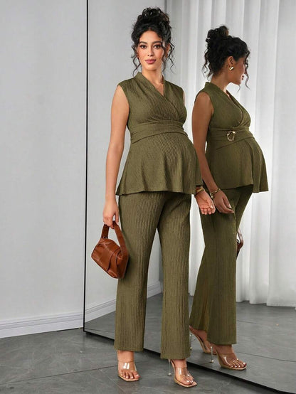 Maternity 2-Piece Set - V Neck Top & Straight Leg Pants, Knit Jacquard, Slim Fit, Black