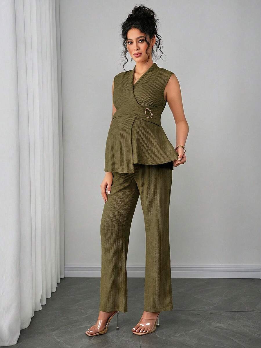Maternity 2-Piece Set - V Neck Top & Straight Leg Pants, Knit Jacquard, Slim Fit, Black