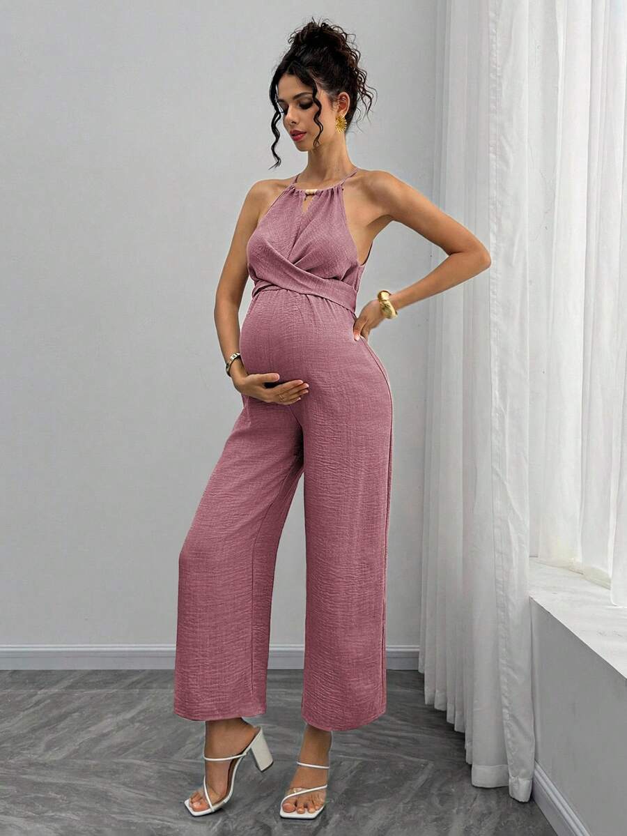Maternity Jumpsuit With Wooden Bead Halter Neck, Tie Front Waist Bow Detail, Full Length Pants Maternity Women Pregnancy Clothes Maternity Clothes Baby Shower Guest Outfit Maternity Jumpsuits For Woman Jumpsuit For Pregnant Woman Pregnancy Outfits