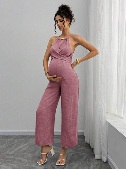 Maternity Jumpsuit With Wooden Bead Halter Neck, Tie Front Waist Bow Detail, Full Length Pants