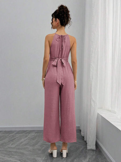 Maternity Jumpsuit With Wooden Bead Halter Neck, Tie Front Waist Bow Detail, Full Length Pants Maternity Women Pregnancy Clothes Maternity Clothes Baby Shower Guest Outfit Maternity Jumpsuits For Woman Jumpsuit For Pregnant Woman Pregnancy Outfits