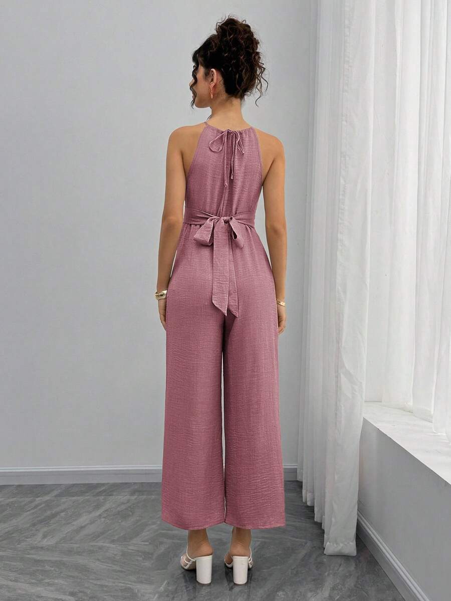 Maternity Jumpsuit With Wooden Bead Halter Neck, Tie Front Waist Bow Detail, Full Length Pants
