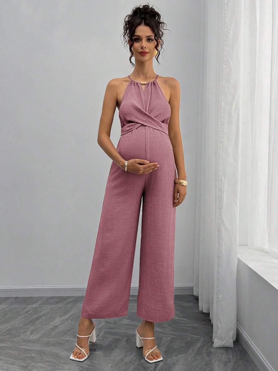 Maternity Jumpsuit With Wooden Bead Halter Neck, Tie Front Waist Bow Detail, Full Length Pants