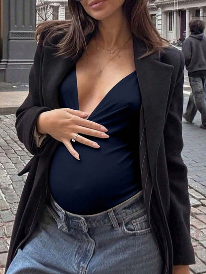 Elegant Black Deep V Neck Sleeveless Bodysuit, High Stretch Slim Fit Office Layering Top, Chic Plain Maternity Friendly Bodysuit