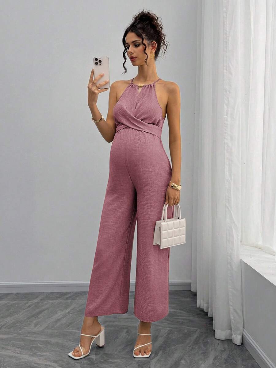 Maternity Jumpsuit With Wooden Bead Halter Neck, Tie Front Waist Bow Detail, Full Length Pants