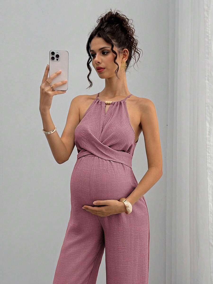 Maternity Jumpsuit With Wooden Bead Halter Neck, Tie Front Waist Bow Detail, Full Length Pants