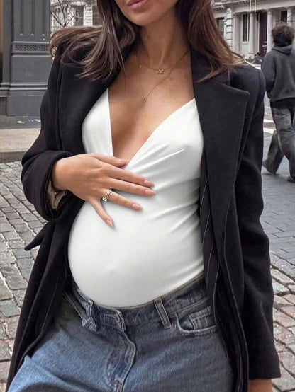 Elegant Black Deep V Neck Sleeveless Bodysuit, High Stretch Slim Fit Office Layering Top, Chic Plain Maternity Friendly Bodysuit