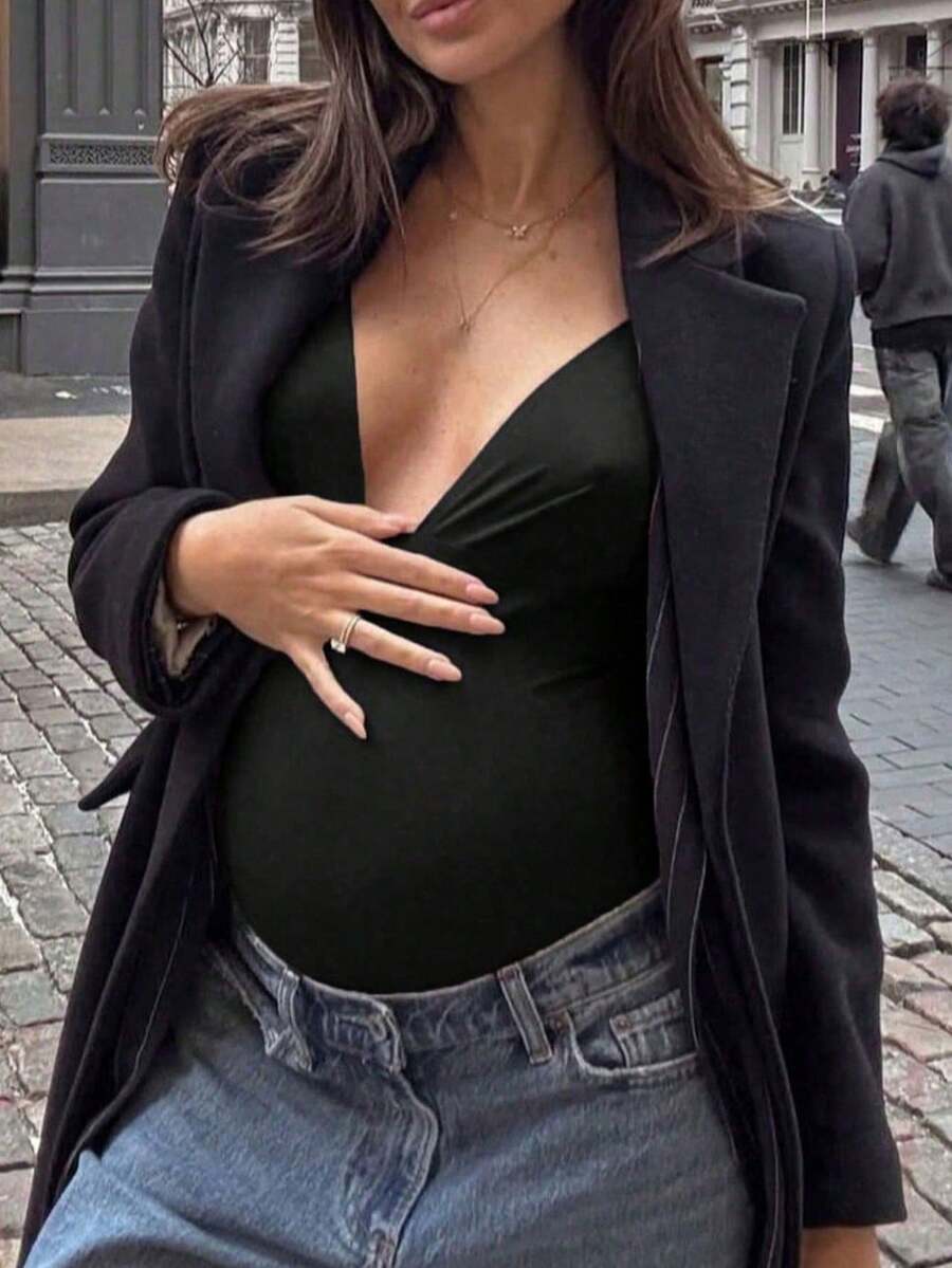 Elegant Black Deep V Neck Sleeveless Bodysuit, High Stretch Slim Fit Office Layering Top, Chic Plain Maternity Friendly Bodysuit